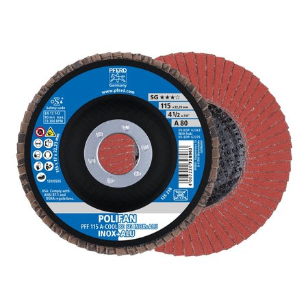 Pferd 4-1/2" x 7/8" A.H. POLIFAN® Flap Disc - A-COOL SG INOX+ALU, Aluminum oxide, 80 Grit, Flat 62363